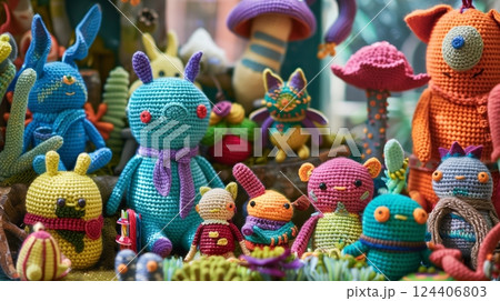 Whimsical, colorful amigurumi toys bring joy and creativity, instantly captivating with their charm. 124406803