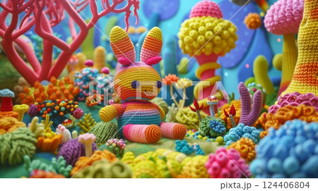 Amigurumi crochet toys in a vibrant, whimsical setting enhance imagination, delighting kids and adults. 124406804