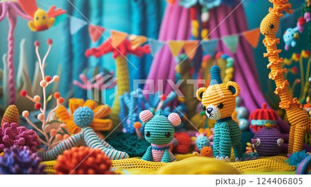 Handcrafted amigurumi crochet toys in a colorful setting dazzle with intricate details and vibrant hues. 124406805