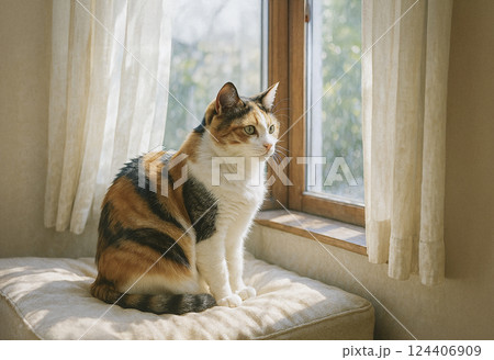 窓辺で見つめる猫 124406909