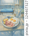 光あふれるカフェのテーブルに並ぶベーコンエッグとトースト、朝の静けさを描いたイラスト 124407327