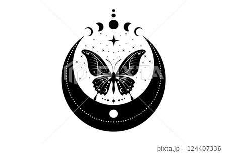 Mystical Crescent Moon and sacred butterfly with Stars Moon Phases logo design. Magic celestial clipart of yoga, spa, beauty salon, cosmetics, relax, brand style, tattoo. Isolated on white background 124407336