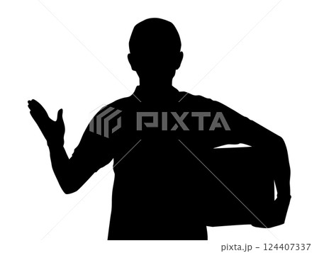 ダンボールを抱えて手を上げた男性のシルエット 124407337