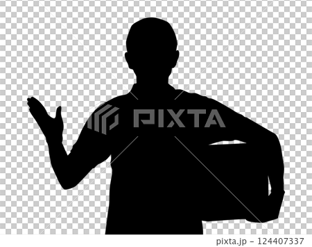 ダンボールを抱えて手を上げた男性のシルエット 124407337