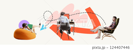 Conceptual artwork. Remote workers in different zones connected by arrows, symbolizing global communication, remote strategy, process synchronization. Conceptual artwork. Remote workers in different zones connected by arrows, symbolizing global communication, remote strategy, process synchronization. 124407446