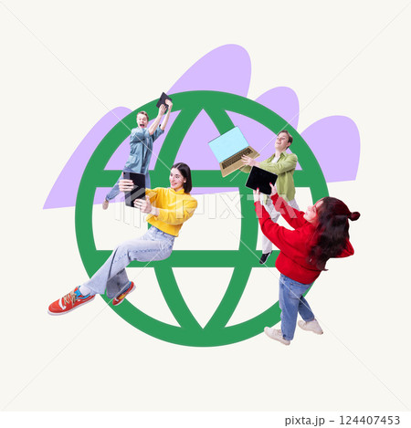 Conceptual art design. Group floating around global network symbolizing online engagement, collaboration, remote project planning. 124407453