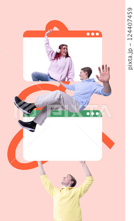 Contemporary art collage. People climbing between web browser windows representing workflow management, outsourcing, creative cooperation. Contemporary art collage. People climbing between web browser windows representing workflow management, outsourcing, creative cooperation. 124407459