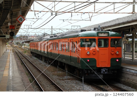 小諸駅に留置中のしなの鉄道115系電車（湘南色編成） 124407560