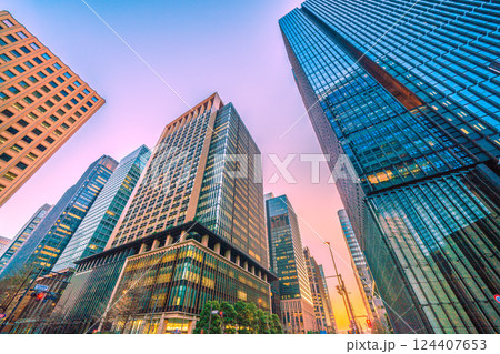 日本の東京都市景観　大手町や丸の内のオフィスビルなどを望む（夕景） 124407653