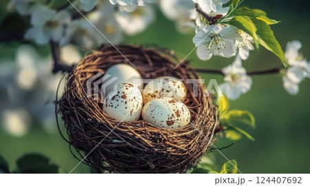 a bird's nest carefully cradled in the branches of a blossoming tree 124407692