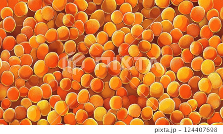 a seamless pattern of vibrant orange spheres, possibly depicting a stylized representation of citrus fruit slices or abstract bubbles 124407698
