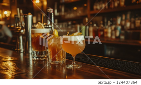 cocktails on a polished wooden bar counter, with a warm, dimly lit bar setting 124407864