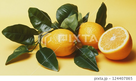 ripe lemons and oranges with vibrant green leaves against a bright yellow background 124407865