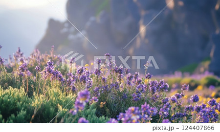 a serene landscape of a mountain meadow filled with vibrant purple wildflowers bathed in soft sunlight 124407866