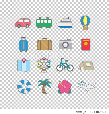Outing, travel and resort icon vector illustration set (with main lines) 124407924