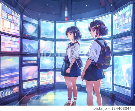 多数のモニターを見つめる少女のイラスト素材 124408044