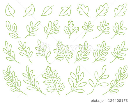 緑の葉っぱと枝の線画イラストセット 緑の葉っぱと枝の線画イラストセット 124408178