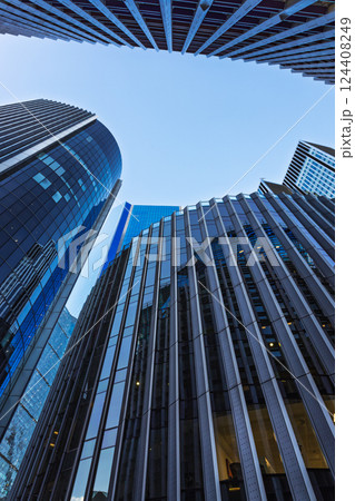 Low Angle View of Futuristic Glass Office Towers in Urban Skyline, London 124408249