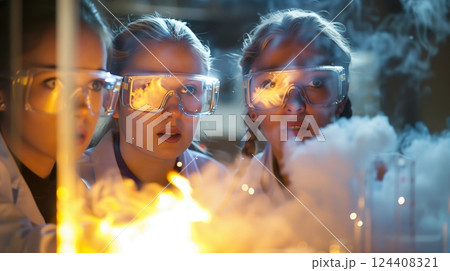Chemists in safety goggles observe a dramatic exothermic reaction, marveling at the smoke and light effects. Chemists in safety goggles observe a dramatic exothermic reaction, marveling at the smoke and light effects. 124408321