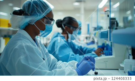 Lab techs in sterile settings meticulously conduct PCR tests, ensuring precision and accurate results. Lab techs in sterile settings meticulously conduct PCR tests, ensuring precision and accurate results. 124408333