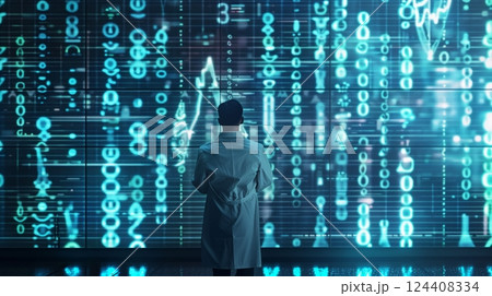 A researcher decodes genetic info on a massive screen, paving the way for future medical advances. A researcher decodes genetic info on a massive screen, paving the way for future medical advances. 124408334