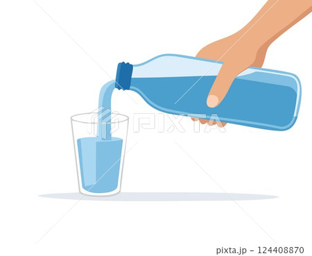 Hand holding and pouring water from bottle to glass on white background 124408870
