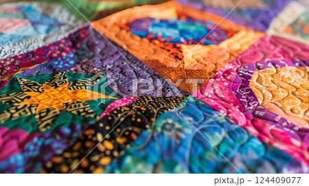 A close-up of a multicultural quilting circle showcases members contributing traditional patterns, embodying unity. 124409077