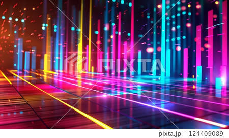 A vibrant 3D music-themed background with colorful equalizer bars pulsating to the rhythm. 124409089