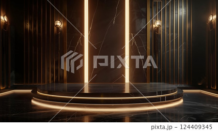 Elegant 3D podium with luxurious materials and lighting, creating a captivating ambiance. 124409345