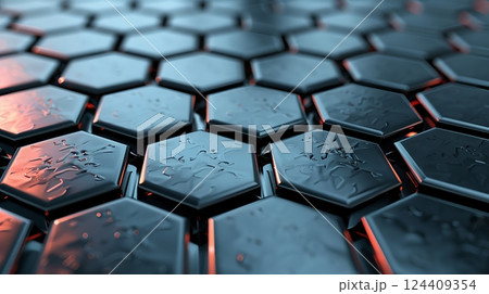 Futuristic 3D background with intricate hexagonal grids and sleek metallic textures for modern designs. 124409354