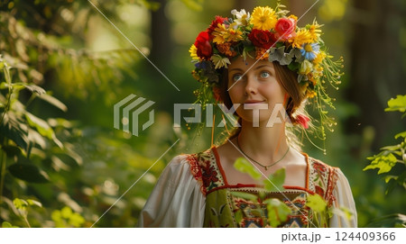 A Finnish woman in a Midsummer floral crown and folk dress stands serenely in lush, green forests. 124409366