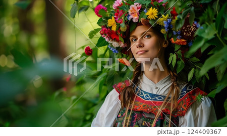 A Finnish woman in a traditional Midsummer floral crown and dress stands in lush green forests celebrating. 124409367
