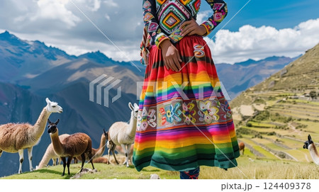 A Peruvian woman in a vibrant pollera skirt stands in the high Andes, llamas grazing nearby. 124409378