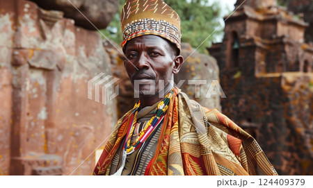 A regal Ethiopian woman in a traditional habesha kemis stands gracefully by Lalibela's historic rock-hewn churches. 124409379