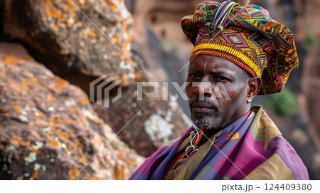 A regal Ethiopian in traditional Habesha Kemis poses against Lalibela's ancient rock-hewn churches, epitomizing culture. 124409380