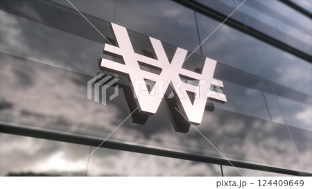 South Korean Won symbol currency sign on a modern glass skyscraper. 3d illustration South Korean Won symbol currency sign on a modern glass skyscraper. 3d illustration 124409649
