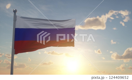 Flag of Russia waving in the wind, sky and sun background. 3d illustration Flag of Russia waving in the wind, sky and sun background. 3d illustration 124409652