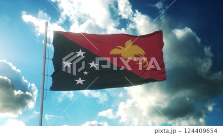 Flag of Papua New Guinea waving at wind against beautiful blue sky. 3d illustration 124409654