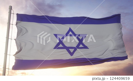 Israel politics and news concept. Israel national flag on sky background. 3d illustration Israel politics and news concept. Israel national flag on sky background. 3d illustration 124409659