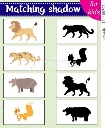 Brainteaser for kids.  Educational cards. Zoo animals. Lion, leopard, hippopotamus and fox. Find the correct shadow. Activity for preschoolers and toddlers. 124409703