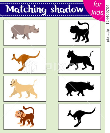 Brainteaser for kids. Educational cards. Zoo animals. Rhinoceros, kangaroo, lioness and monkey. Find the correct shadow. Activity for preschoolers and toddlers. Brainteaser for kids. Educational cards. Zoo animals. Rhinoceros, kangaroo, lioness and monkey. Find the correct shadow. Activity for preschoolers and toddlers. 124409704