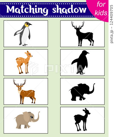 Brainteaser for kids. Educational cards. Zoo animals. Penguin, fawn, deer and elephant. Find the correct shadow. Activity for preschoolers and toddlers. Brainteaser for kids. Educational cards. Zoo animals. Penguin, fawn, deer and elephant. Find the correct shadow. Activity for preschoolers and toddlers. 124409705