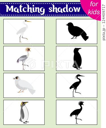 Brainteaser for kids. Educational cards. Zoo animals. Heron, cuckoo and penguin. Find the correct shadow. Activity for preschoolers and toddlers. Brainteaser for kids. Educational cards. Zoo animals. Heron, cuckoo and penguin. Find the correct shadow. Activity for preschoolers and toddlers. 124409717