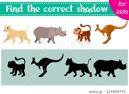 Brainteaser for kids. Zoo animals. Rhinoceros, kangaroo, lioness and monkey. Find the correct shadow. Educational cards. Activity for preschoolers and toddlers. Brainteaser for kids. Zoo animals. Rhinoceros, kangaroo, lioness and monkey. Find the correct shadow. Educational cards. Activity for preschoolers and toddlers. 124409731