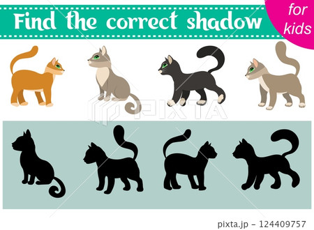 Brainteaser for kids. Cute kittens. Find the correct shadow. Educational cards. Activity for preschoolers and toddlers. 124409757