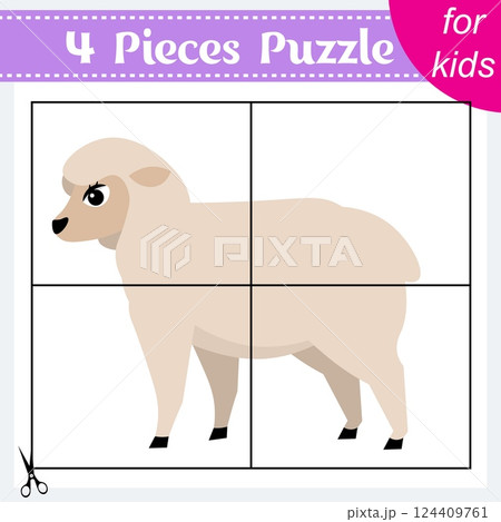 Puzzle game for kids. Puzzle pieces. Farm animals. Cute sheep.. Education worksheet. Activity page. 124409761