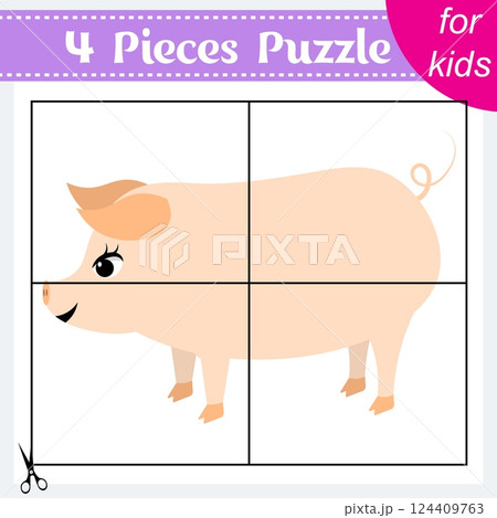 Puzzle game for kids. Puzzle pieces. Farm animals. Cute pig. Education worksheet. Activity page. 124409763
