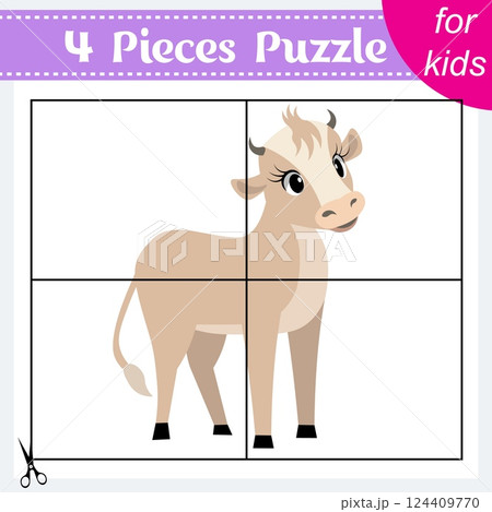 Puzzle game for kids. Puzzle pieces. Farm animals. Cute calf. Education worksheet. Activity page. 124409770