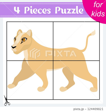 Puzzle game for kids. Puzzle pieces. Zoo animals. Cute lioness. Education worksheet. Activity page. 124409821