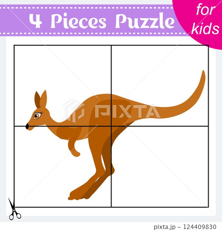 Puzzle game for kids. Puzzle pieces. Zoo animals. Kangaroo jumping. Education worksheet. Activity page. 124409830